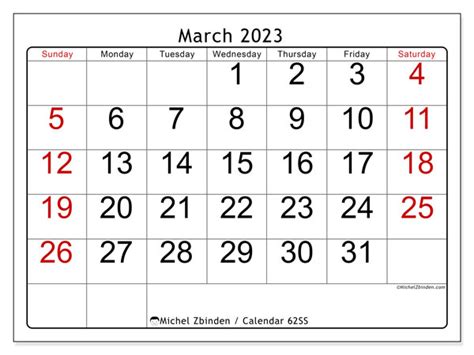 March 2023 Printable Calendar “62ss” Michel Zbinden Us