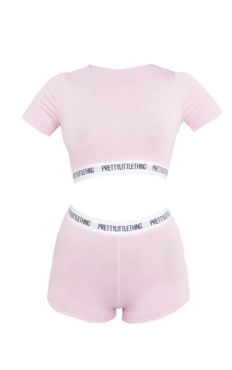 prettylittlething pink tape shorts pj set prettylittlething