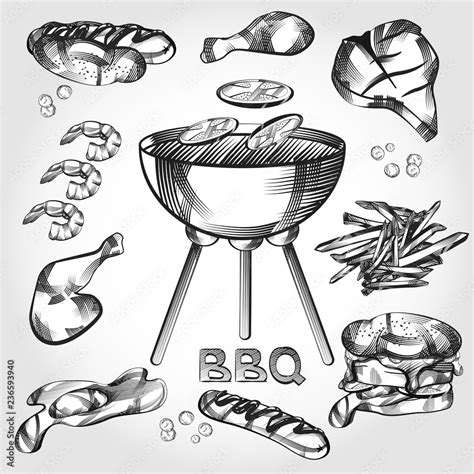 Bbq Vector Hand Drawn Set Grilled Meatchicken Shrimp Burger French