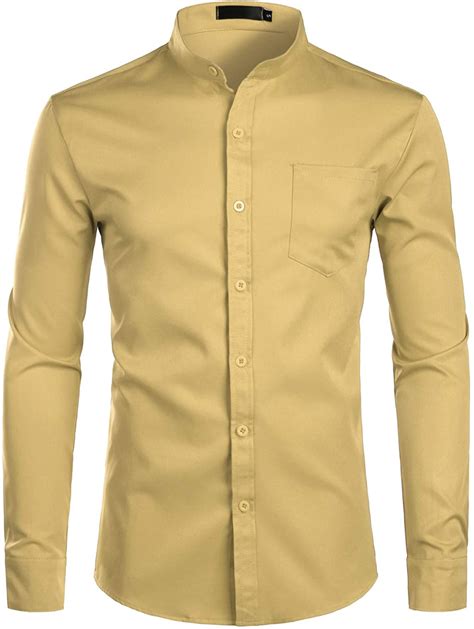 Zeroyaa Mens Banded Collar Slim Fit Long Sleeve Casual Button Down