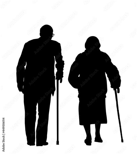 Grandmother And Grandfather Couple Walking With Stick Together Vector