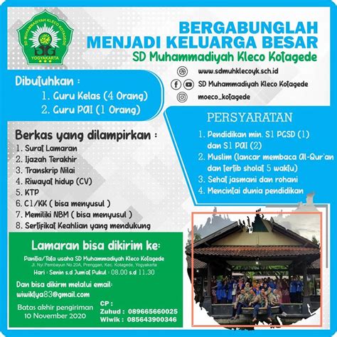 Lamaran ditunggu sampai hari rabu tgl 27 oktober 2015. Lowongan Guru SD Muhammadiyah Kleco Kotagede | UNY COMMUNITY