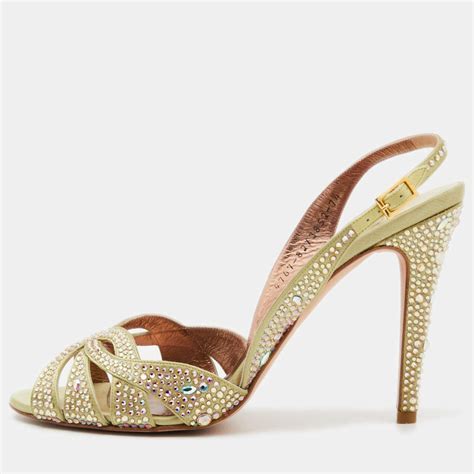 Gina Olive Green Satin Crystal Embellished Slingback Sandals Size 405 Gina The Luxury Closet