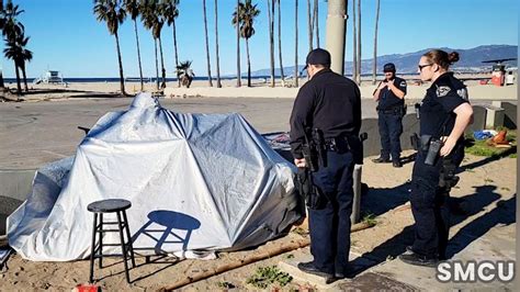 Routine Beach Patrol LAPD Officers Address Venice Beach Homeless Encampment On The Boardwalk