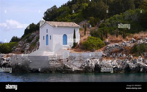 White Washed Church In The Bay Of Vathi On The Island Of Ithaca Greece