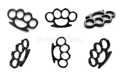 Set With Metal Black Brass Knuckles On White Background Stock Photo
