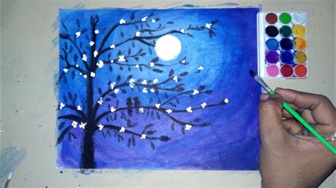 How to draw things in nature the scribbles inst. How to draw Scenery of moonlight night with water colour ...