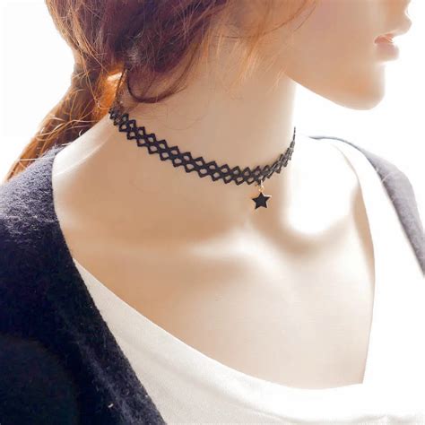 Gothic Style Simple Black Lace Metal Star Pendant Tattoo Choker