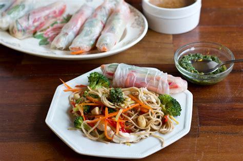 Soba Noodles With Vegetables And Fresh Spring Rolls With Peanut Sauce