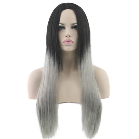 Black To Grey Hair Straight Long Wigs White Synthetic Hair