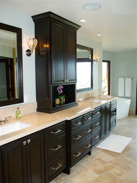 Pale Blue Traditional Master Bathroom With Dark Cabinets Traditional