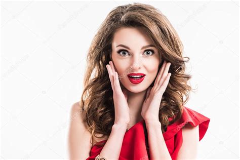 Surprised Girl Red Dress Touching Face Hands Isolated ...