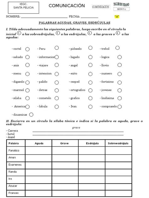 Palabras Agudas Graves Y Esdr Julas Worksheet Palabras Agudas Agudas Graves Esdrujulas