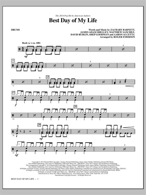 Best Day Of My Life Drums Sheet Music Roger Emerson Choir