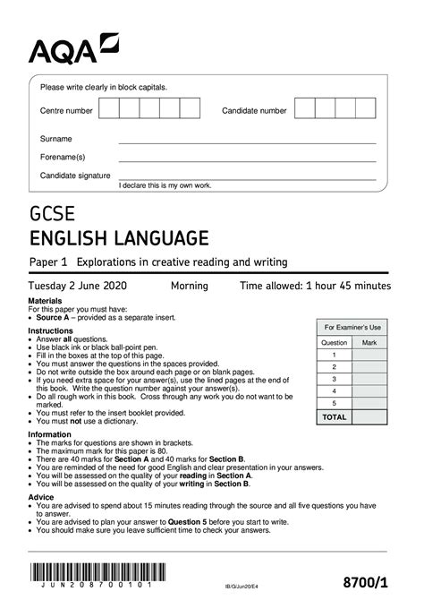 Aqa Gcse English Language Paper Explorations In Creative Reading And Writing Qp