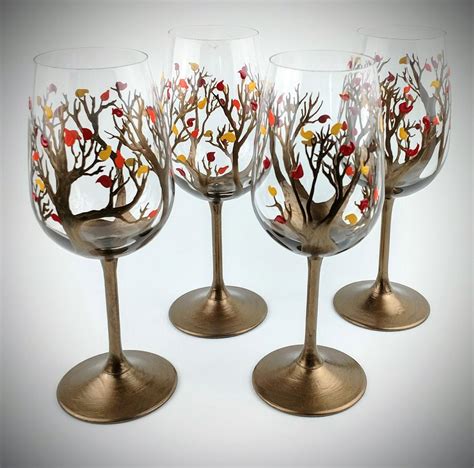 Hand Painted Wine Glasses Fall Wine Glass Set Fall Leaf Etsy