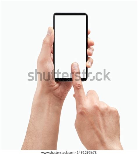 Men Touching Screen Her Finger On White Background Images Stock