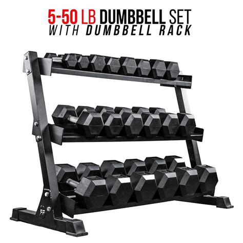 Rep 5 50 Lb Rubber Hex Dumbbell Set With Rack Includes 5 10 15 20