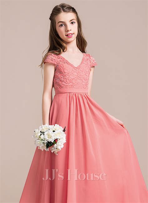 A Line V Neck Floor Length Chiffon Lace Junior Bridesmaid Dress