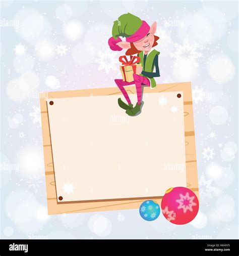 christmas elf girl cartoon character santa helper sit on empty sign board banner flat vector