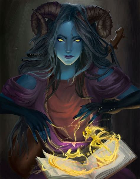 Female Blue Skinned Tiefling Wizard With Spellbook Flame Spell Fireball Dnd Pathfinder