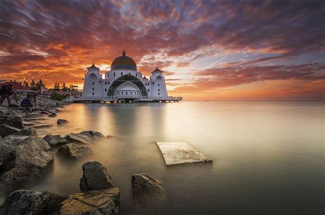 Malacca Straits Mosque During Sunrise Strait Of Malacca Sunrise