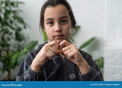 Beautiful Smiling Deaf Girl Using Sign Language Stock Image Image Of