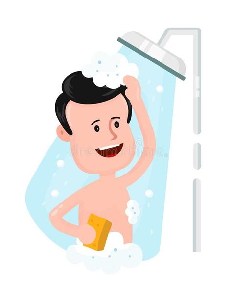 Happy Smiling Man Take Shower In The Bathroom Vector Modern Flat