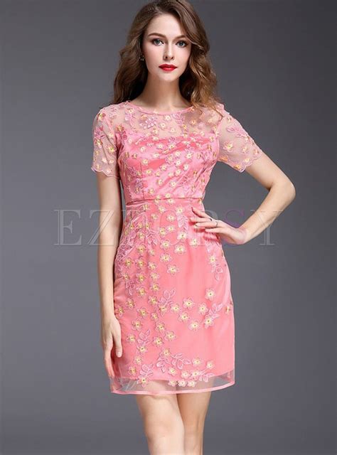 Lace Mesh Embroidered Short Sleeve Pink Bodycon Dress Pink Bodycon