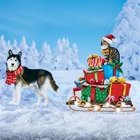 Husky Dog With Solar Lighted T Sled Outdoor Christmas Decoration