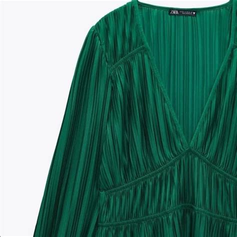 Zara Pleated Long Sleeve Super Fun Green Dress Depop