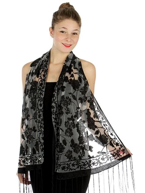 Sheer Delights Rose Fringed Evening Wrap Shawl Scarf Black Silver