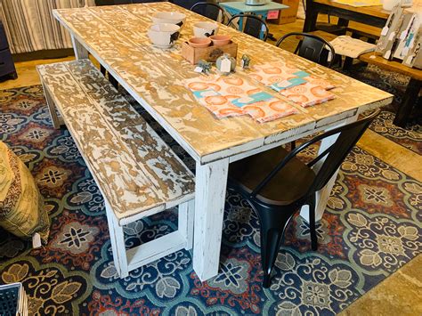 Rustic Farmhouse Table With Chairs And Bench Weathered White Top With Distressed White Base