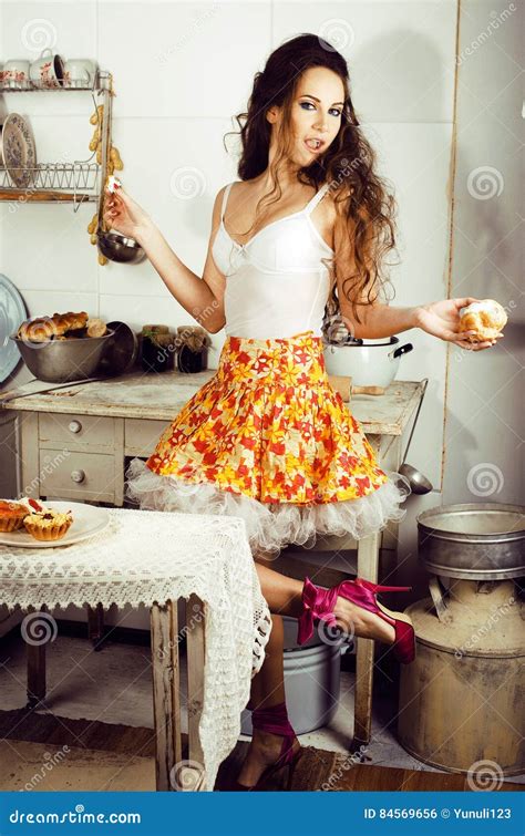 Crazy Real Woman Housewife On Kitchen Eating Perfoming Bizare Stock Photo Image Of Cheerful