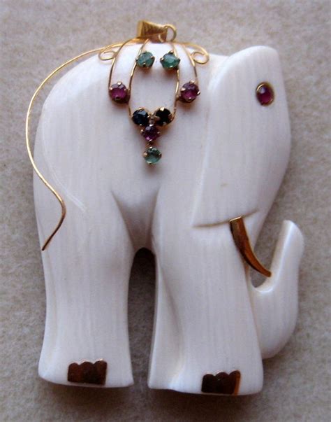 Genuine Ivory Pendant Of Elephant W14k Gold With Jewels