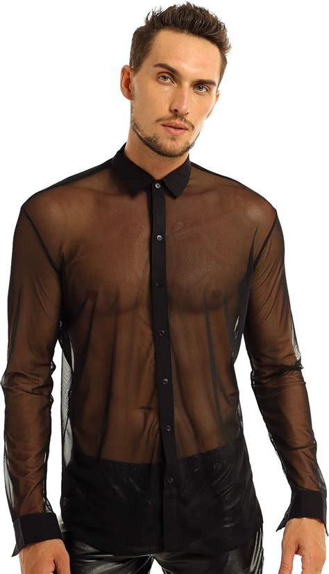 Inhzoy Mens See Through Long Sleeve Button Down Shirt Sheer Mesh