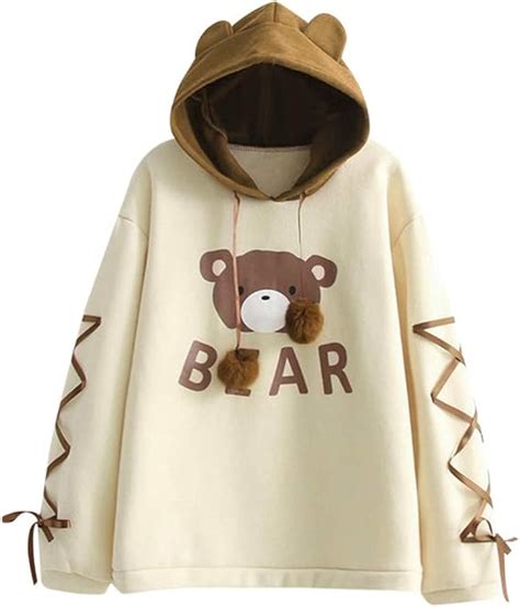 Women Teen Girls Cute Hoodie Sweatshirt Oversized Fashion Bear Printed