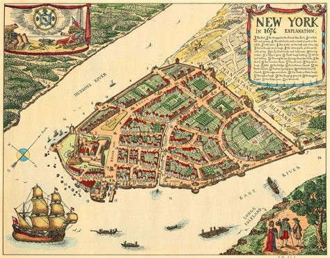New York In 1674 Lower Manhattan Vintage Map Map Of