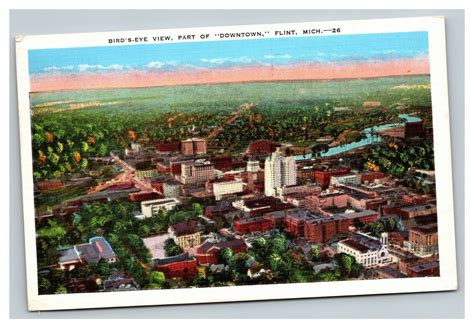 Vintage 1939 Postcard Aerial View Of Downtown Skyline Of Flint Michigan