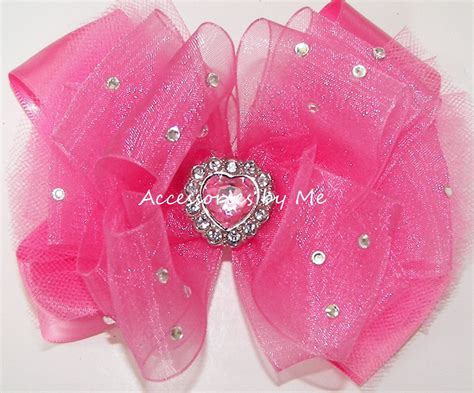 Glitzy Pink Hair Bow Hot Pink Tutu Clip Hot Pink Organza Satin Tulle