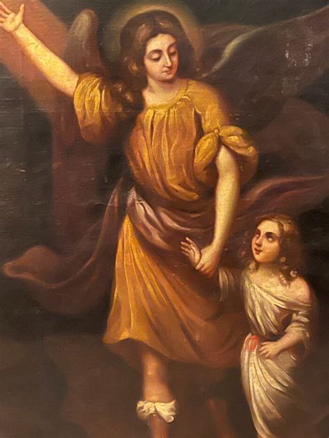 18th c Guardian Angel oil on canvas copy of El Ángel de la