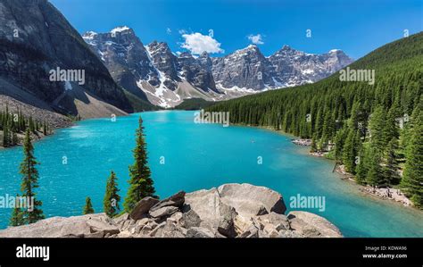 Beautiful Turquoise Waters Of The Moraine Lake In Rocky Mountains