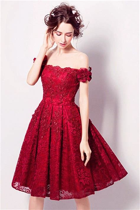A Line Off The Shoulder Short Red Party Prom Dress With Flowers Short Red Prom Dresses Red