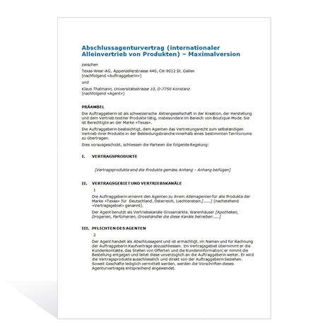 Um eine orientierungshilfe zu bieten, stellen die hessischen kammern musterverträge zur verfügung. Muster Agenturvertrag Alleinvertrieb