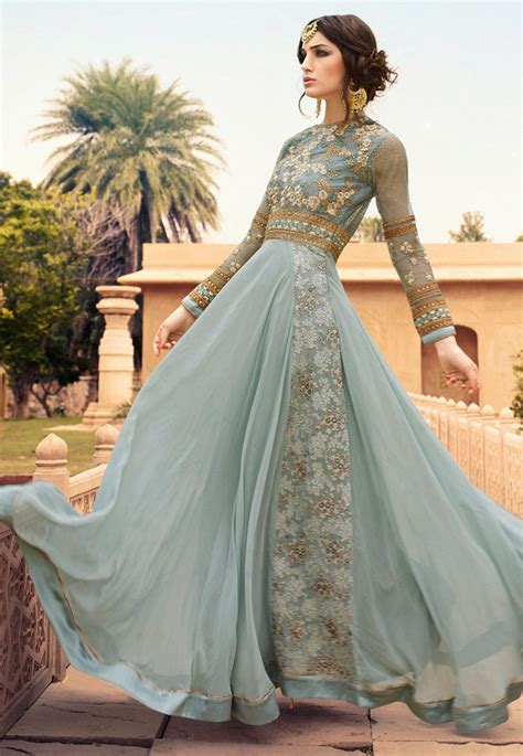 Embroidered Net And Georgette Abaya Style Suit In Pastel Blue Indian Designer Wear Bridal