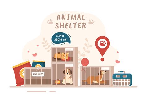 Animal Shelter Cartoon Illustration With Pets Sitting In Cages And