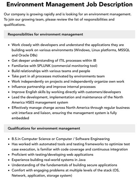 Environment Management Job Description Velvet Jobs