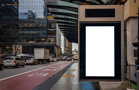 blank billboard  bus stop  advertising chicago city buildings  street background stock