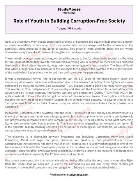 Role Of Youth In Building Corruption Free Society Free Essay Example