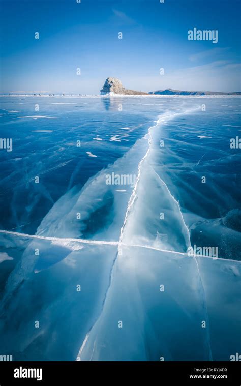 Natural Breaking Ice In Frozen Water At Lake Baikal Siberia Russia